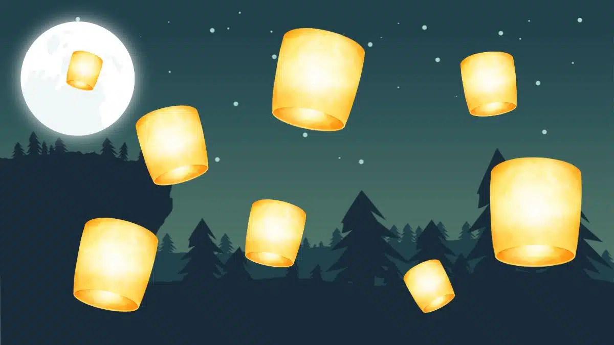 cartoon of floating lanterns in front of a starry forest