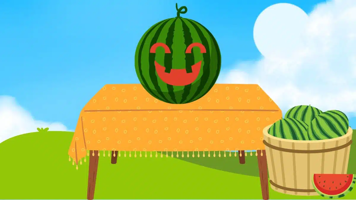 cartoon of jack o lantern carved out of a watermelon in front of a blue sky and green field