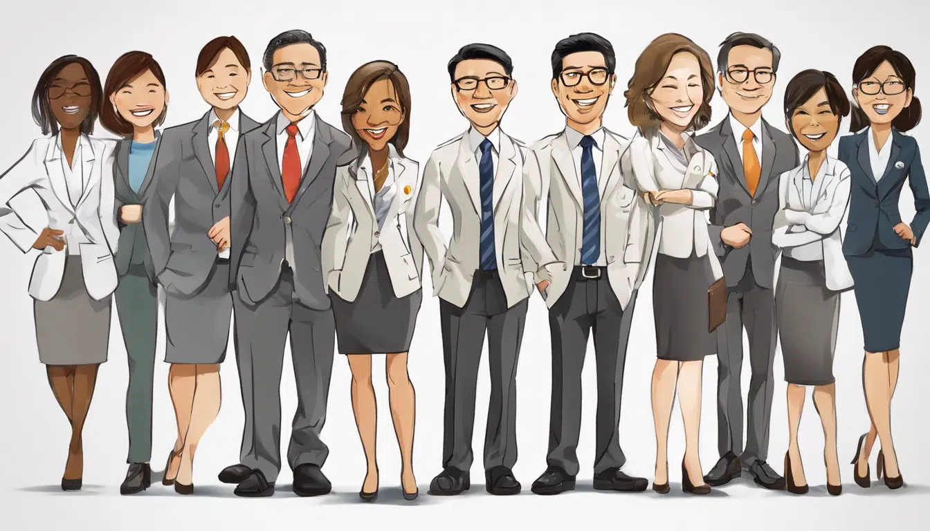 cartoon of multicultural professionals in suits standing in a line