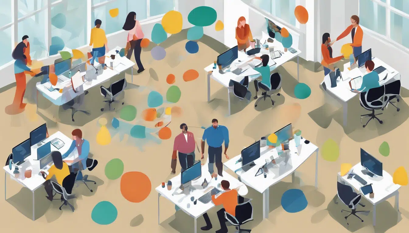 cartoon of workers in an office with colorful dots floating around the image