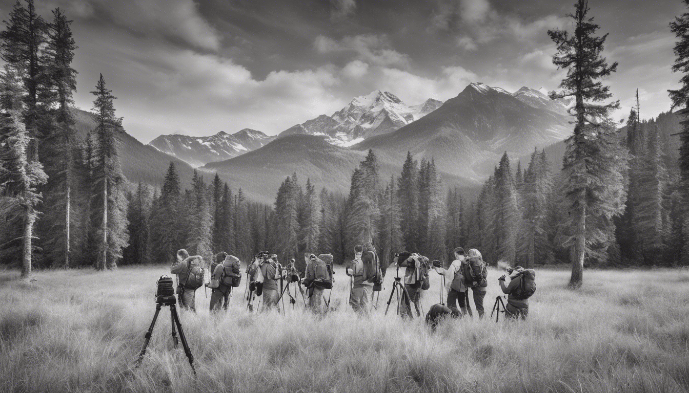 graphic of adventurers in a field with backpacks, with tripods set up taking photos of trees and mountains