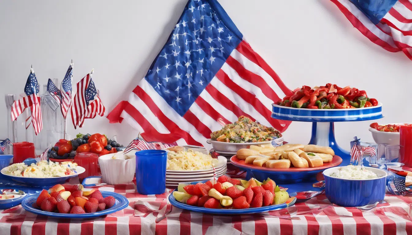 graphic of a spread of fruit and sandwiches and side salads on a gingham red and white table cloth with American flags in the background