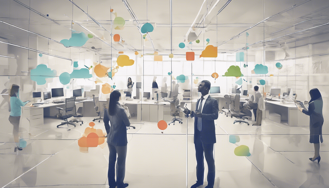 graphic of gray coworkers in office with colorful word bubbles