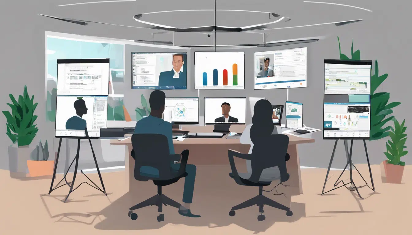 cartoon of two professionals sitting before a multi-screen setup in an office