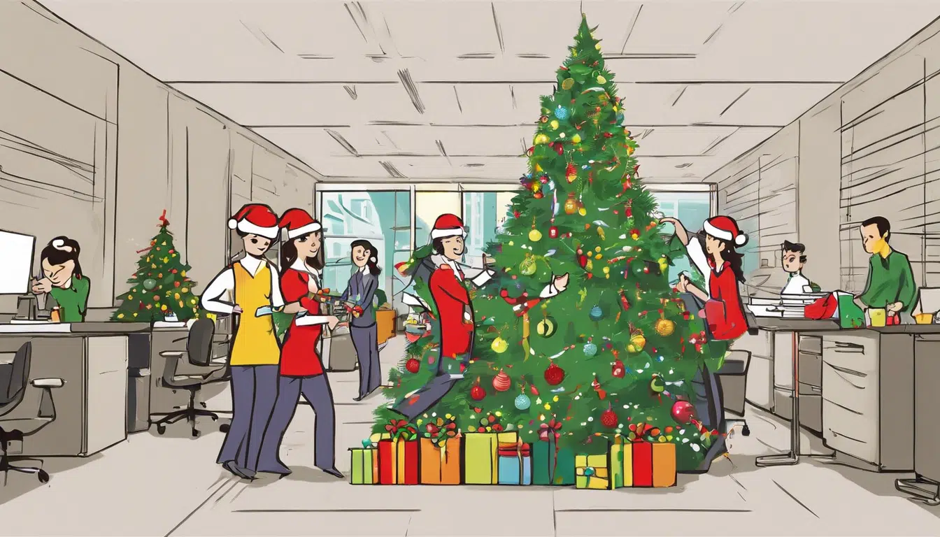 cartoon of office colleagues decorating a christmas tree together