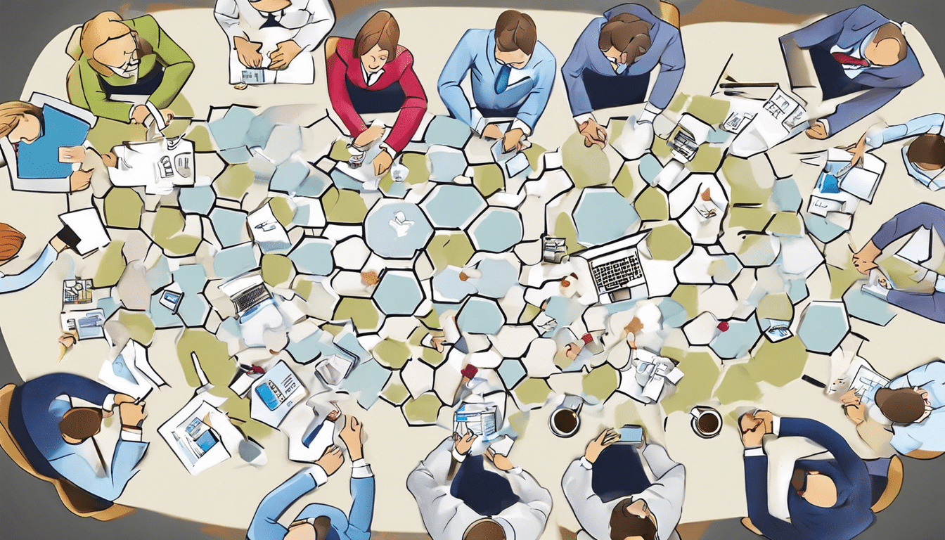 cartoon of an above shot of business professionals playing a game on a meeting table